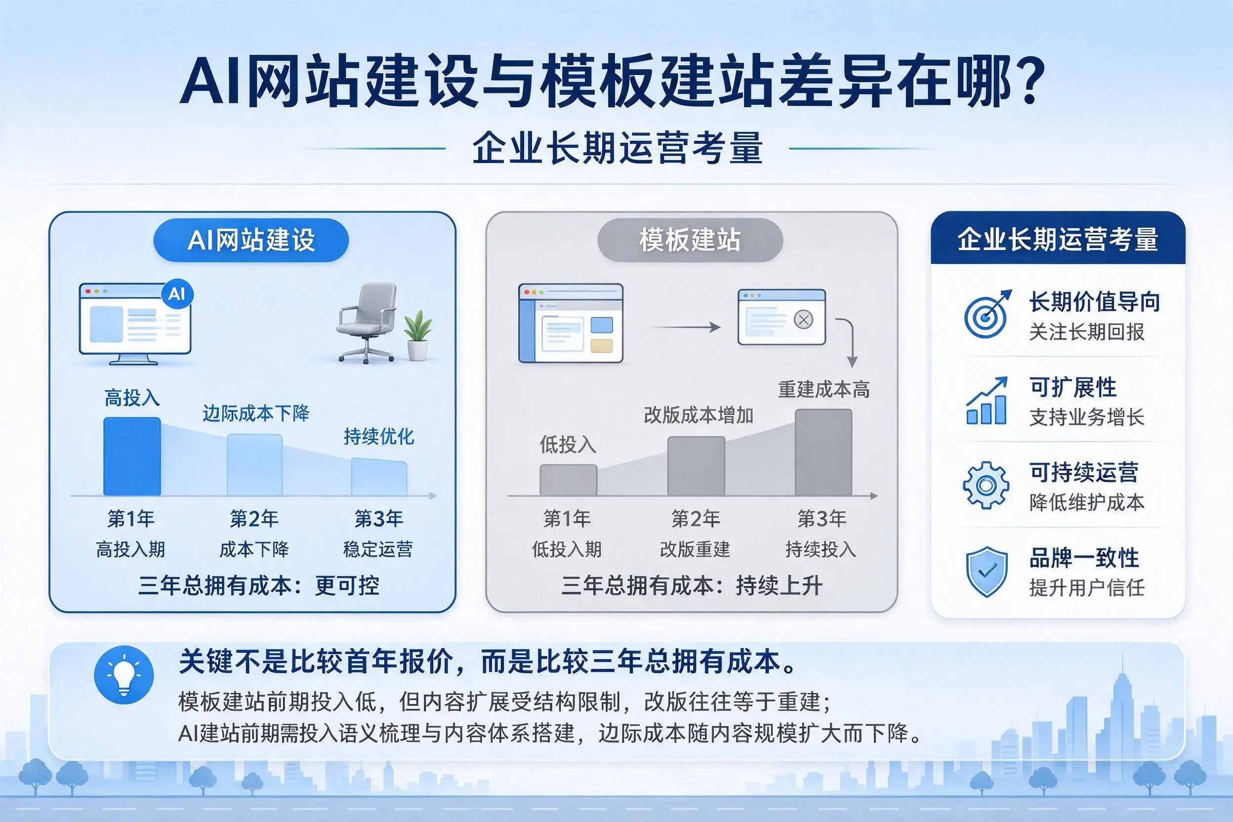 AI网站建设与模板建站差异在哪?鹤岗企业长期运营考量